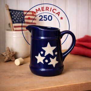 Hermitage Pottery Milk Pitcher Blue Patriotic Star VTG America 250 Folk Art Vase